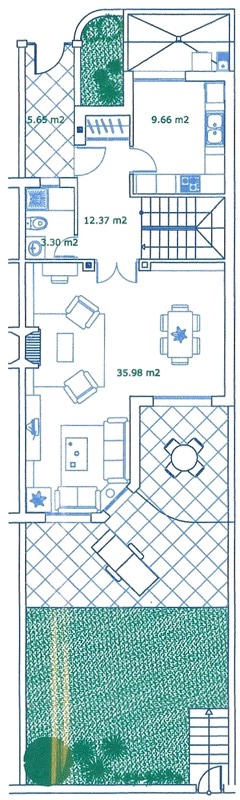 Планировка первого этажа - терраса, зал с камином, кухня
