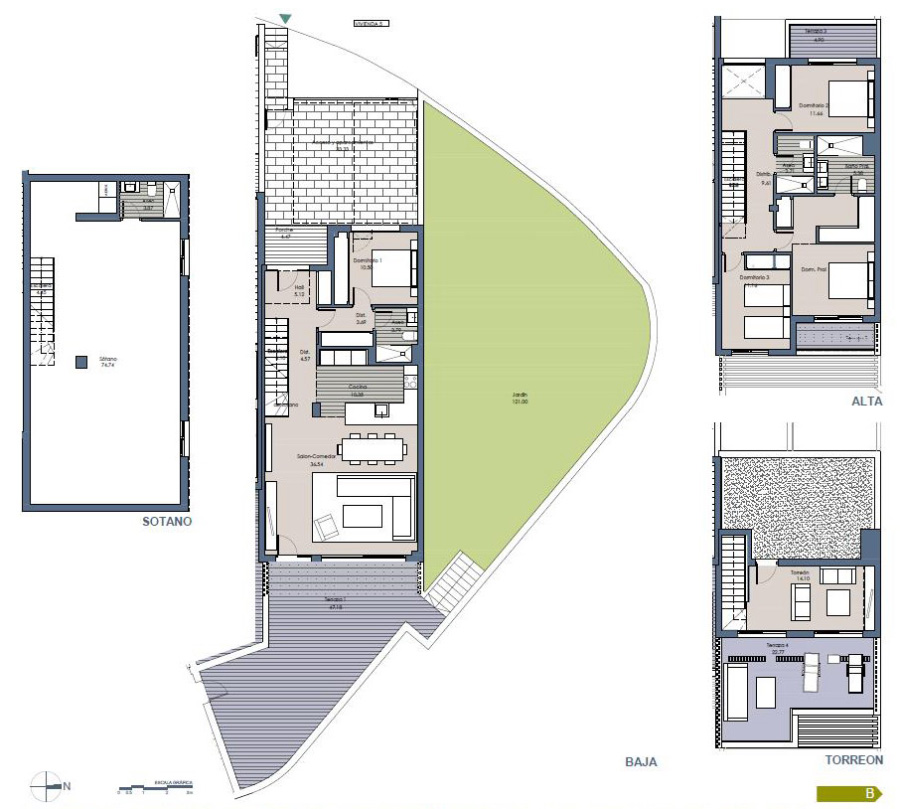  Plano de la casa con 4 dormitorios con torreon   y jardín