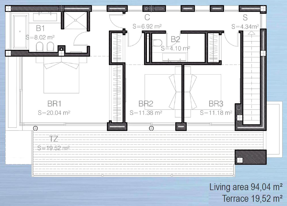 Segunda planta: dormitorios y terraza, Chalet de lujo sobre el plano en Estepona