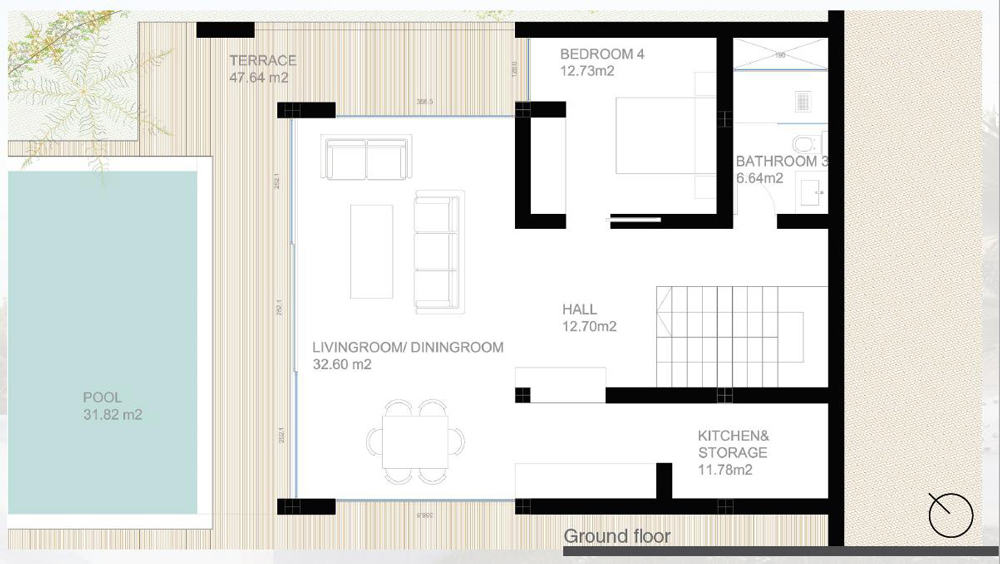 Ground floor: Terrace and Swimming pool, New frontline golf villas in Estepona