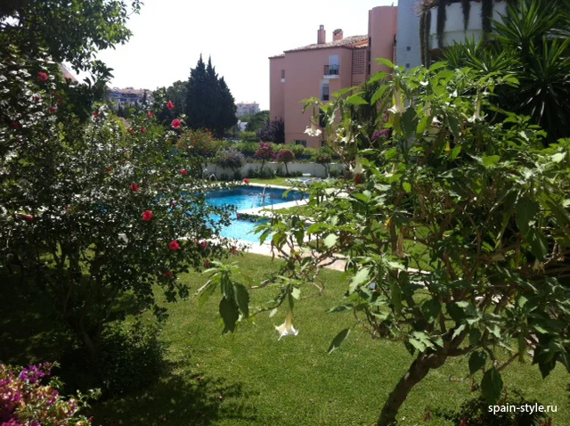 Jardín y piscina en urbanización